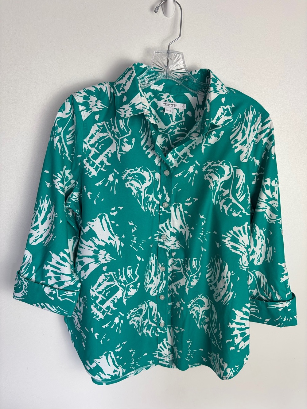 Chico's Teal & White Button-Up Shell Print Blouse